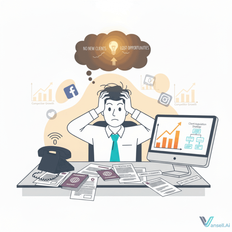 Stressed lawyer at desk with online competition icons