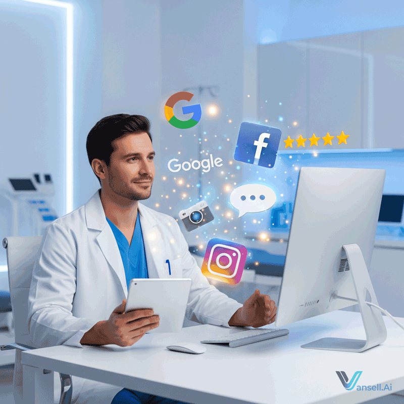 Digital Marketing for Doctors: Physician in modern clinic using tablet and laptop with social media icons symbolizing patient engagement and clinic SEO.